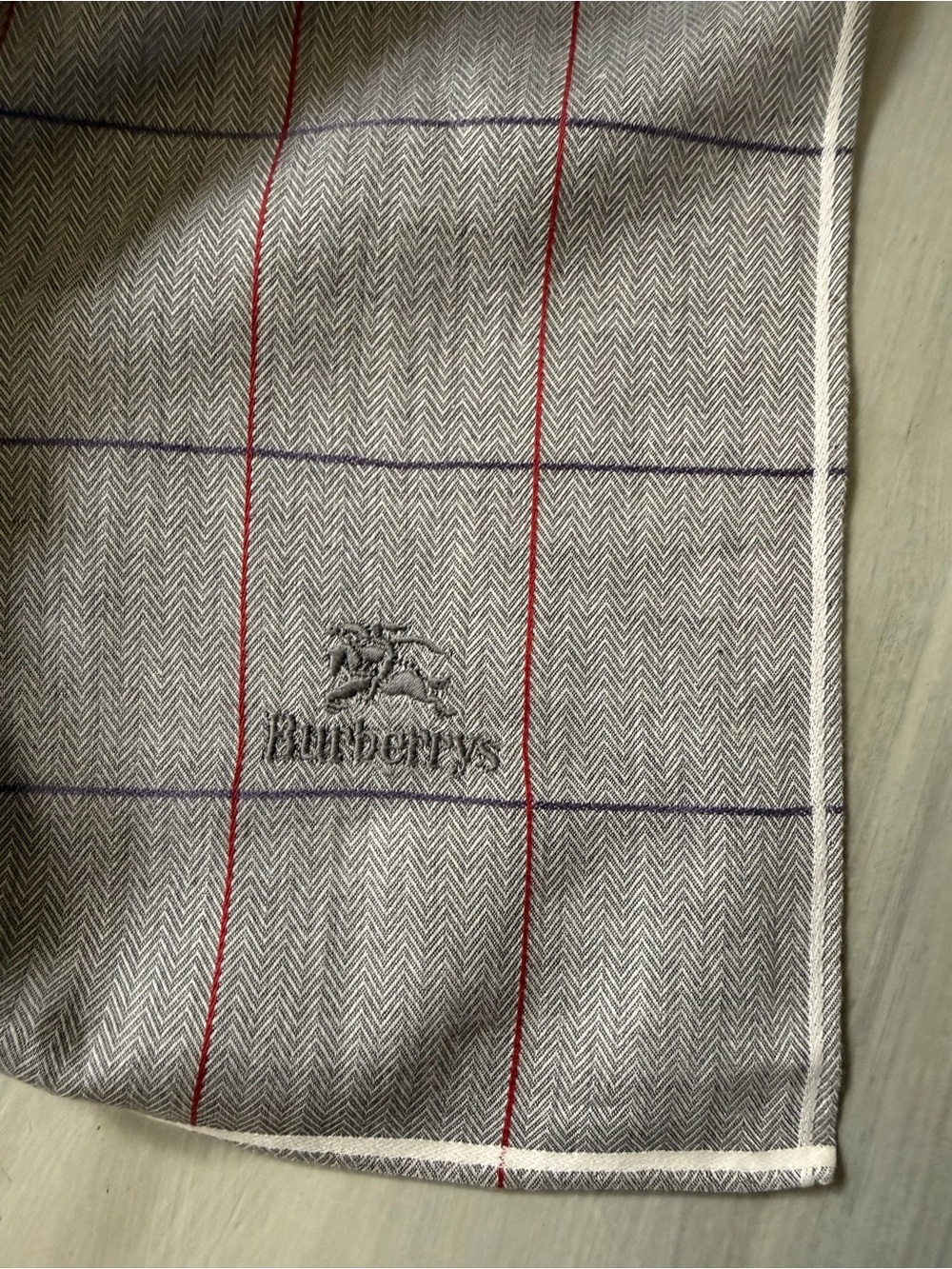 Burberry’s Grey Windowpane Herringbone Pocket Square with Red Purple & Blue Line - Picture 12 of 13